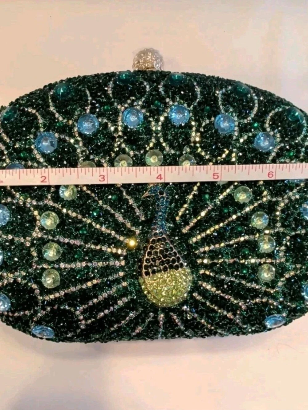 Purse Peacock Green & Blue Crystal Beaded Clutch Detachable Chain & Handle 8